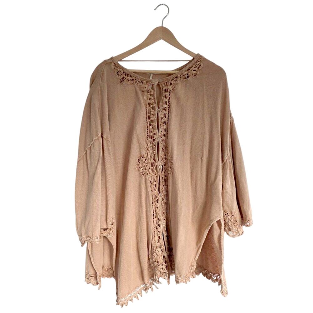 Free People Tan Poncho Lace Details Crochet Oversized Boho Cardigan Knit Medium